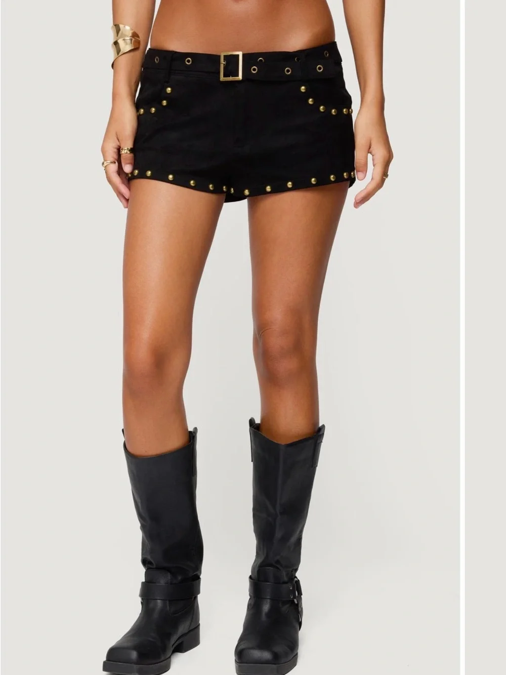 EDIKTED Belted Studded Faux Suede Microshorts Black Gold